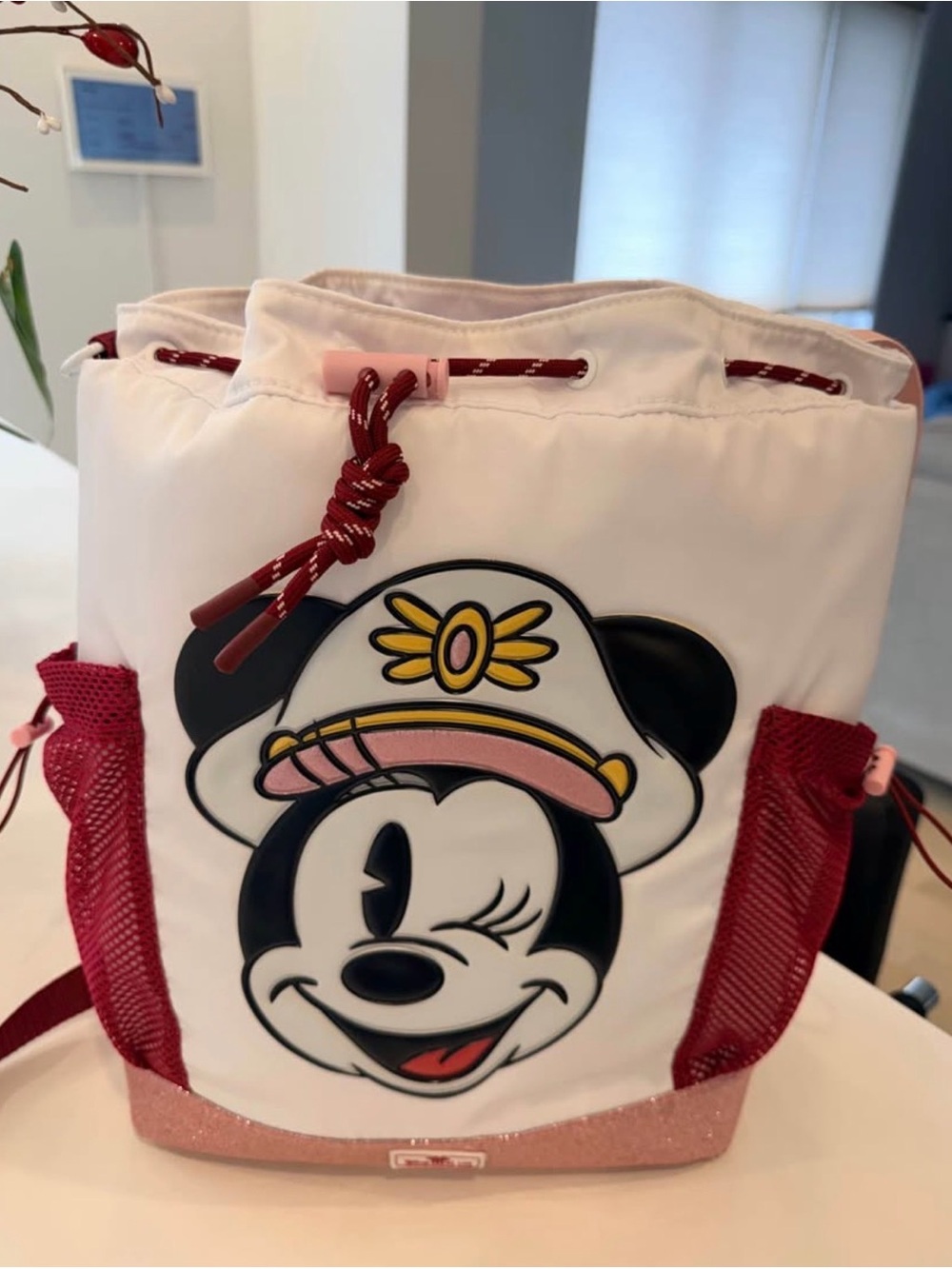 Disney Cruise Line “Captain Minnie” Pink & White Drawstring Bucket Bag